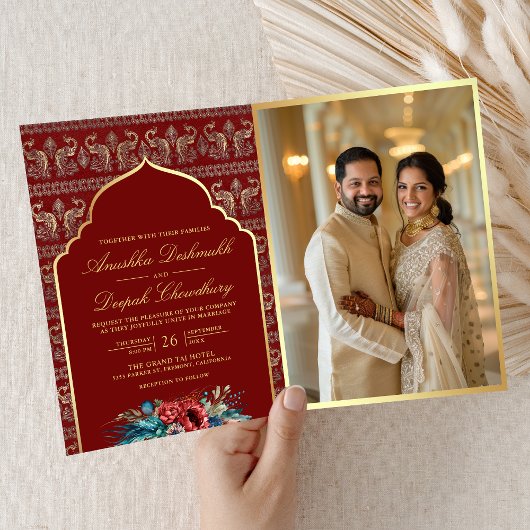 Invitation Motif de Peacock or rouge Floral Indien Mariage