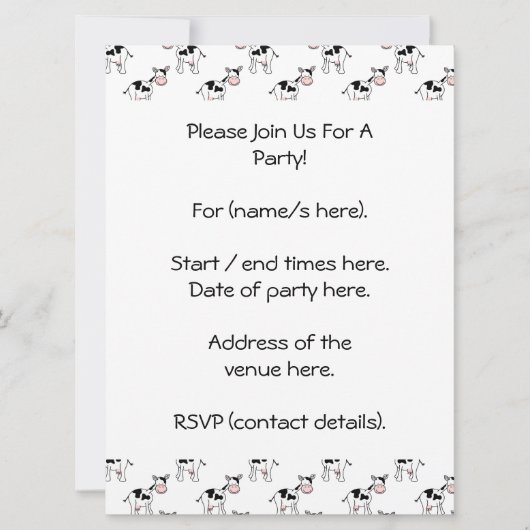 Invitation Motif de vache noir et blanc. (Devant)