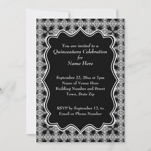 Invitation Motif décoratif noir et blanc Quinceanera (Devant)