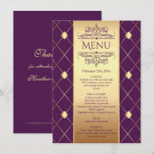 Invitation Motif diamant doré sur Menu de Mariage violet (Devant / Derrière)