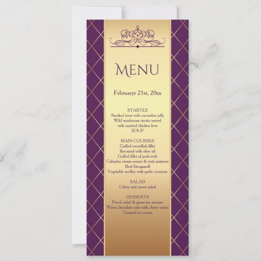 Invitation Motif diamant or sur le menu Mariage violet royal (Devant)