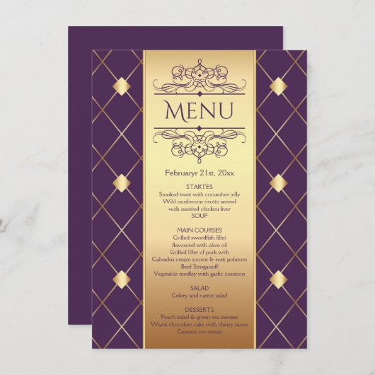 Invitation Motif diamant or sur le menu Mariage violet royal (Devant / Derrière)