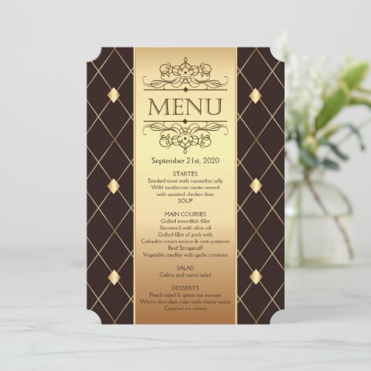 Invitation Motif diamant or sur Mariage brun Menu (Debout devant)