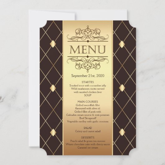 Invitation Motif diamant or sur Mariage brun Menu (Devant)
