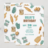 Invitation Motif d'outils de boulangerie verts pour anniversa (Devant / Derrière)