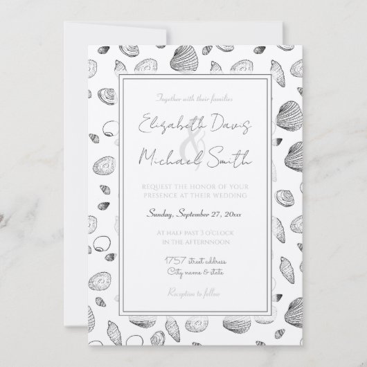 Invitation Motif élégant Black White Seashells (Devant)