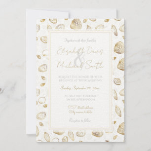 Invitation Motif élégant Gold White Seashells
