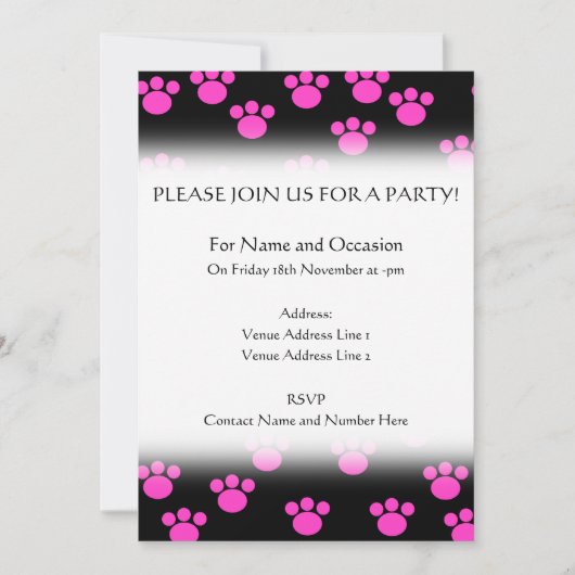 Invitation Motif Empreinte de patte noir et rose vif. (Devant)