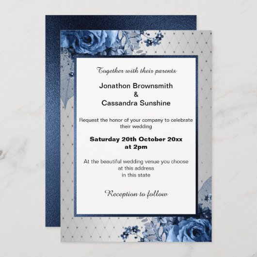 Invitation Motif EN ARGENT ÉLÉGANT BOUQUET MARIAGE DE LA MARI (Devant / Derrière)