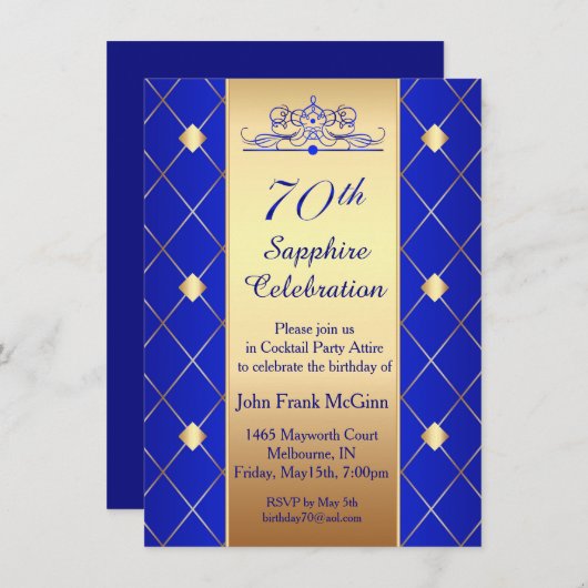 Invitation Motif en diamant d'or sur bleu 70e fête d'annivers (Devant / Derrière)