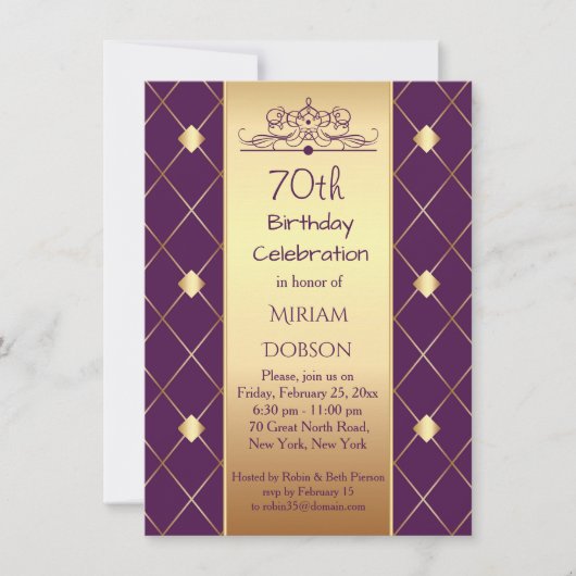 Invitation Motif en diamant d'or sur violet 70ème anniversair (Devant)