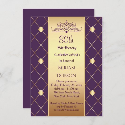 Invitation Motif en diamant d'or sur violet 80e fête d'annive (Devant / Derrière)