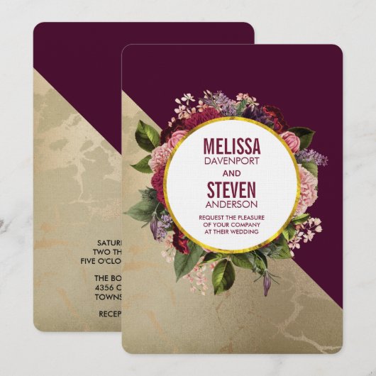 Invitation Motif en marbre doré et Mariage floral bordeaux (Devant / Derrière)
