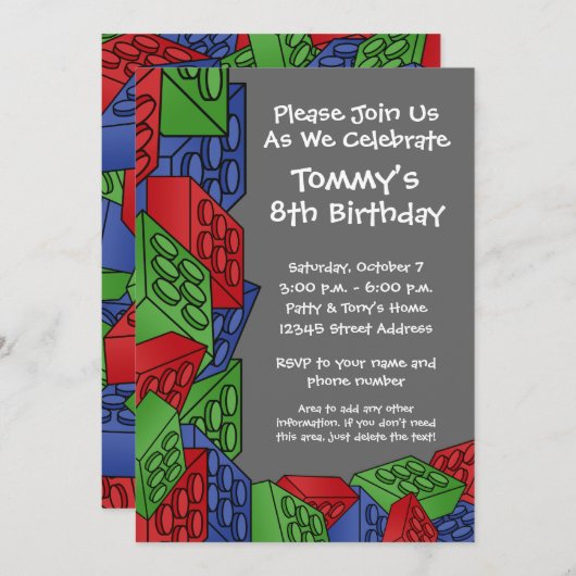 Invitation Motif - fête d'anniversaire de blocs constitutifs (Devant / Derrière)