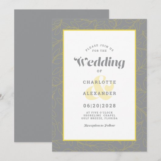 Invitation Motif Feuille Abstrait moderne | gris et jaune (Devant / Derrière)