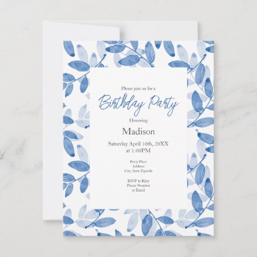 Invitation Motif Feuille d'aquarelle bleu (Devant)