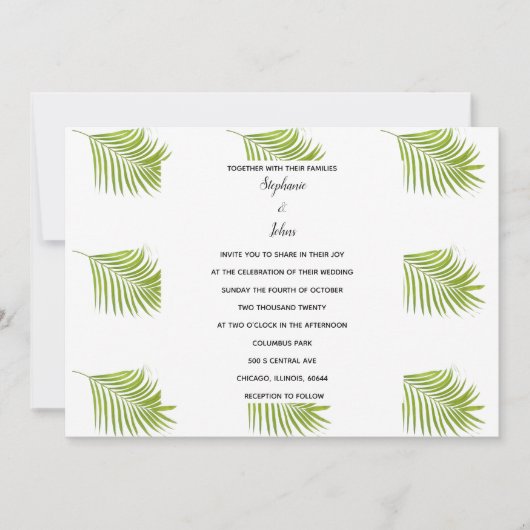 Invitation Motif feuille de palme vert blanc Mariage simple (Devant)
