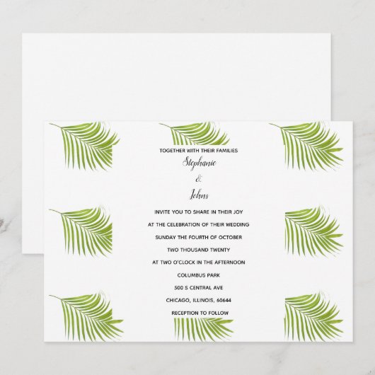 Invitation Motif feuille de palme vert blanc Mariage simple (Devant / Derrière)
