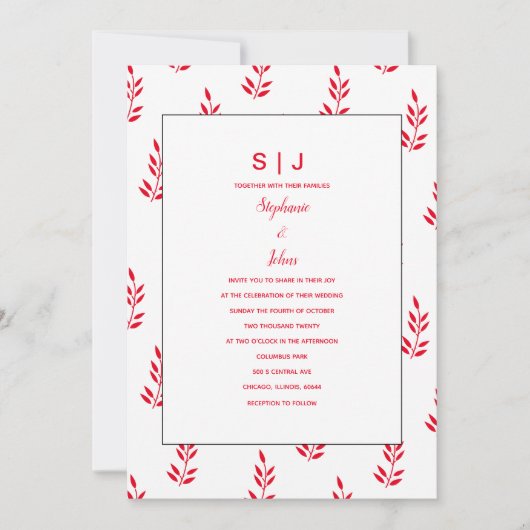 Invitation Motif feuille rouge blanc Nom Mariage (Devant)