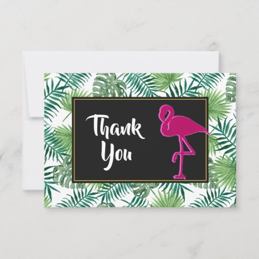Invitation Motif Feuille tropical et Flamant rose rose Merci (Devant)