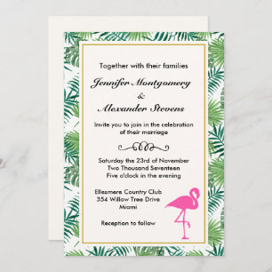 Invitation Motif Feuille tropical et Mariage de Flamant rose 