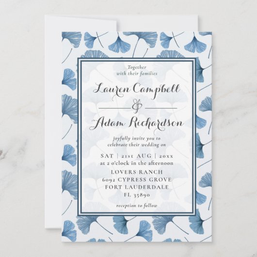 Invitation Motif Floral Aquarelle Bleu et Mariage blanc (Devant)