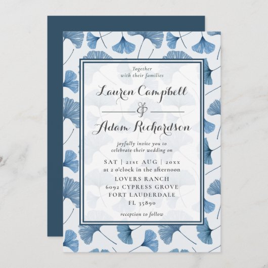 Invitation Motif Floral Aquarelle Bleu et Mariage blanc (Devant / Derrière)