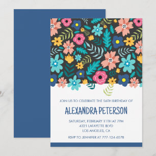 Invitation Motif floral Bleu marine 56e anniversaire