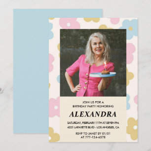 Invitation Motif floral de photo rétro 89e anniversaire