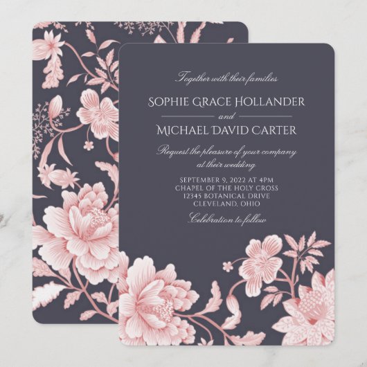 Invitation Motif floral en rose et gris 2 Mariage (Devant / Derrière)