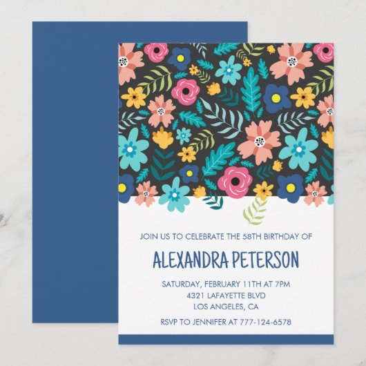 Invitation Motif floral Marine bleu 58e anniversaire (Devant / Derrière)