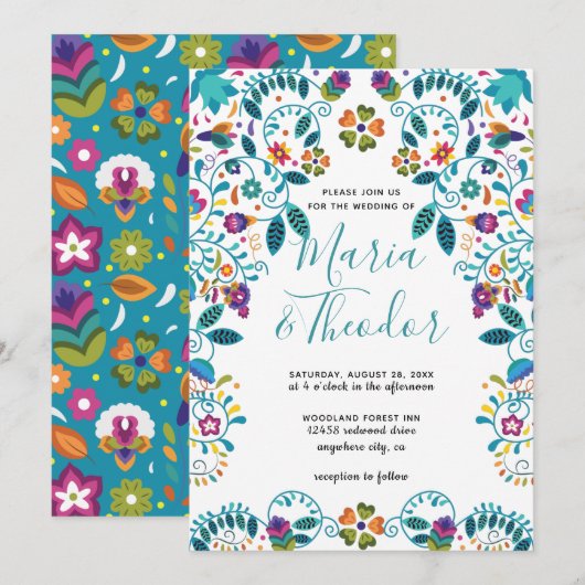 Invitation Motif floral mexicain style Mariage de luxe (Devant / Derrière)