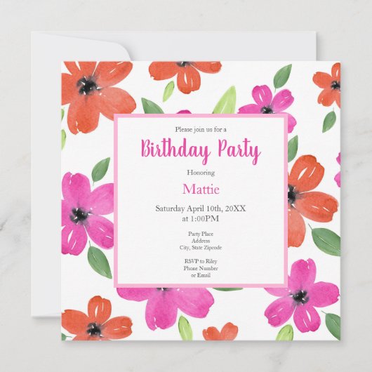 Invitation Motif floral rose et orange chaud (Devant)