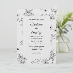 Invitation Motif gris noir rétro Y2K Hippie Fleur Mariage