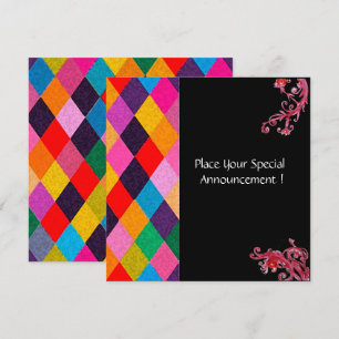 Invitation MOTIF HARLEQUIN MARDI GRAS Losanges colorés 