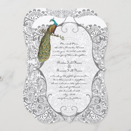 Invitation Motif Inséparable gris Whimsical Peacock Mariage (Devant / Derrière)