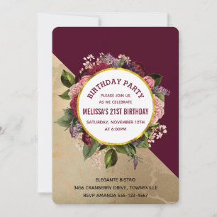 Invitation Motif Marbre Doré et Fleurs Bourguignonnes pour An