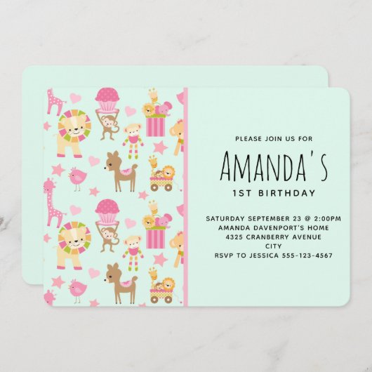 Invitation Motif mignon avec Animaux et Jouets heureux (Devant / Derrière)