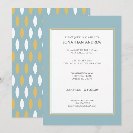 Invitation Motif moderne Blue White & Gold Bar Mitzvah (Devant / Derrière)
