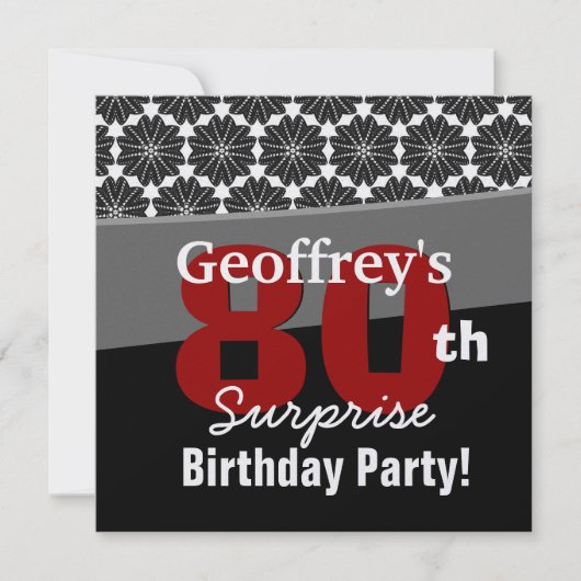 Invitation Motif moderne noir et blanc d'anniversaire surpris (Devant)