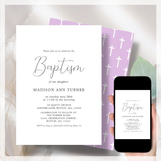 Invitation Motif moderne violet | Baptême