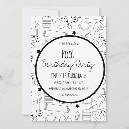 Invitation Motif noir blanc de fête au bord de la piscine (Devant)