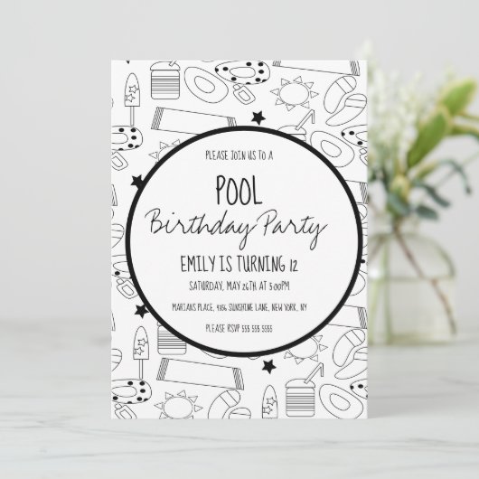 Invitation Motif noir blanc de fête autour de la piscine (Debout devant)