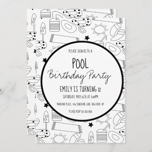 Invitation Motif noir blanc de fête autour de la piscine (Devant / Derrière)