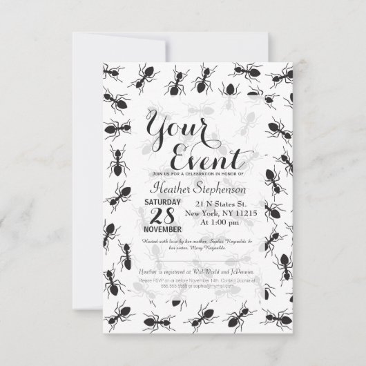 Invitation Motif noir drôle de fourmis (Devant)