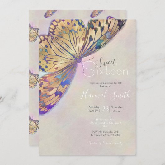 Invitation Motif Papillon Bleu Violet Or (Devant / Derrière)