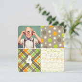 Invitation Motif Patchwork Marron Carrés Garçon Photo Anniver (Debout devant)