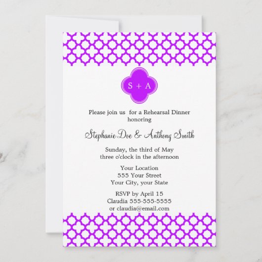 Invitation Motif Quatrefoil violet électrique Monogramme (Devant)
