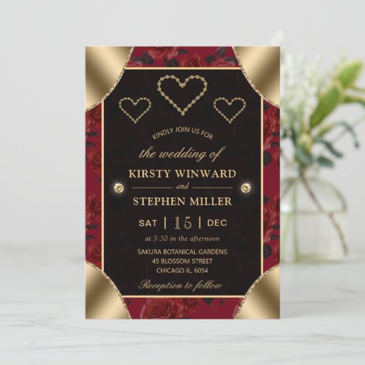 Invitation Motif Red Rose et Mariage Gold Diamonds (Debout devant)
