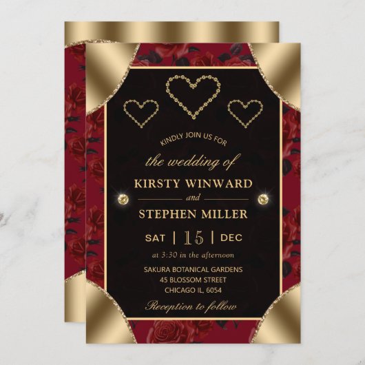 Invitation Motif Red Rose et Mariage Gold Diamonds (Devant / Derrière)